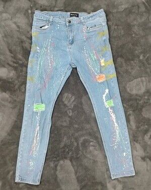 Skinny Collection Distressed Paint Splatter Blue Denim Men's Skinny Jeans